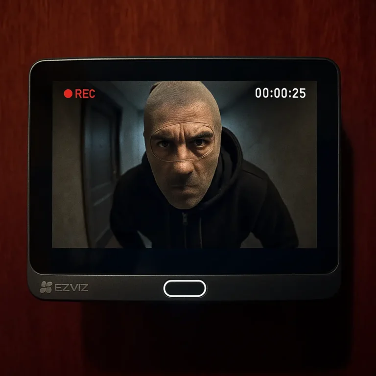 Imagen de portada para la review de la Ezviz CP4. La pantalla del dispositivo muestra la grabación clara y nítida de un posible ladrón con una media en la cabeza mirando a la cámara, destacando la calidad de vídeo del dispositivo de seguridad.