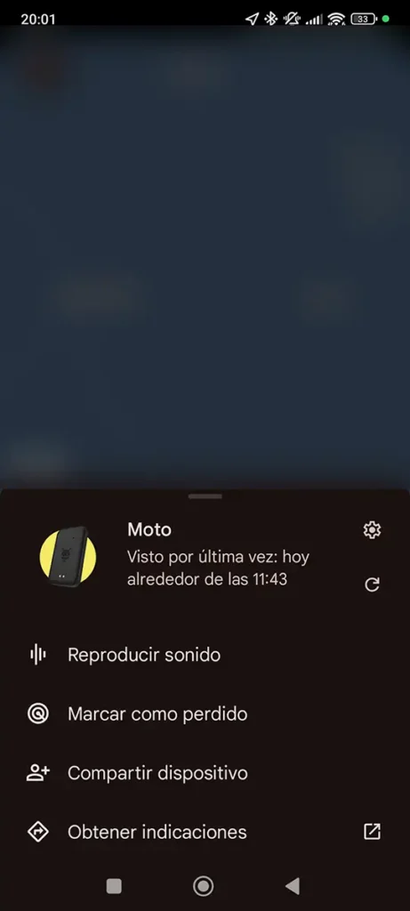 Prueba de la frecuencia de actualización: localizador Android competidor mostrando su última ubicación a las 11:43 en la red Encontrar mi dispositivo, más de una hora antes que el Moto Tag.