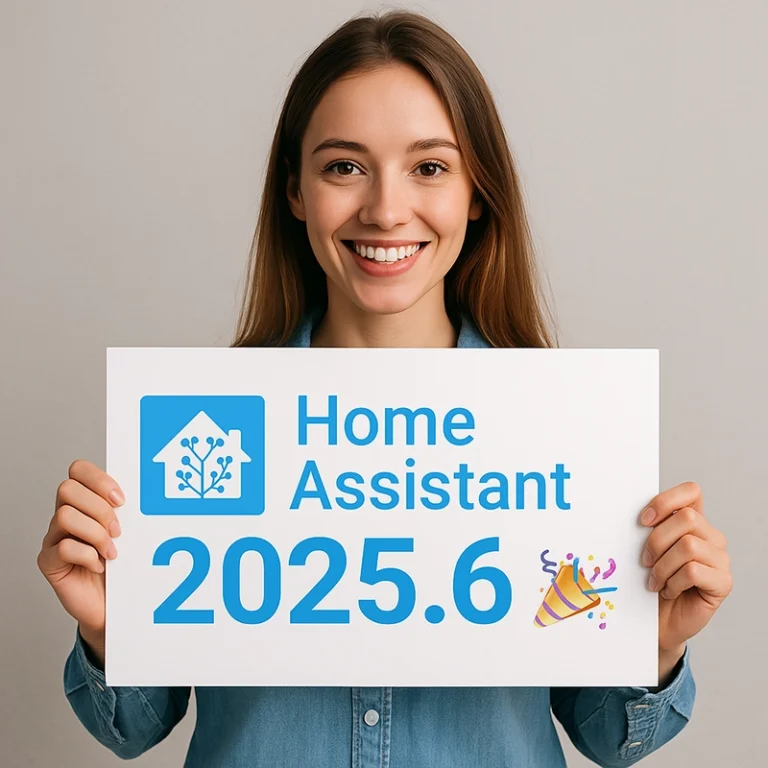Una mujer sonriente sostiene un cartel que anuncia el lanzamiento de Home Assistant 2025.6, con el logotipo y la versión del software.