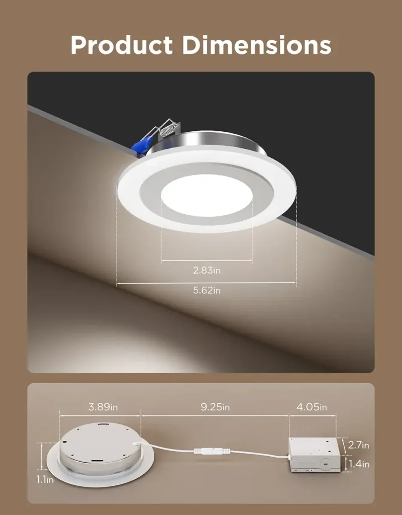 Diagrama con las dimensiones de la luz empotrada Govee Recessed Lights Pro (Downlight 2) y su caja de conexión para la instalación.