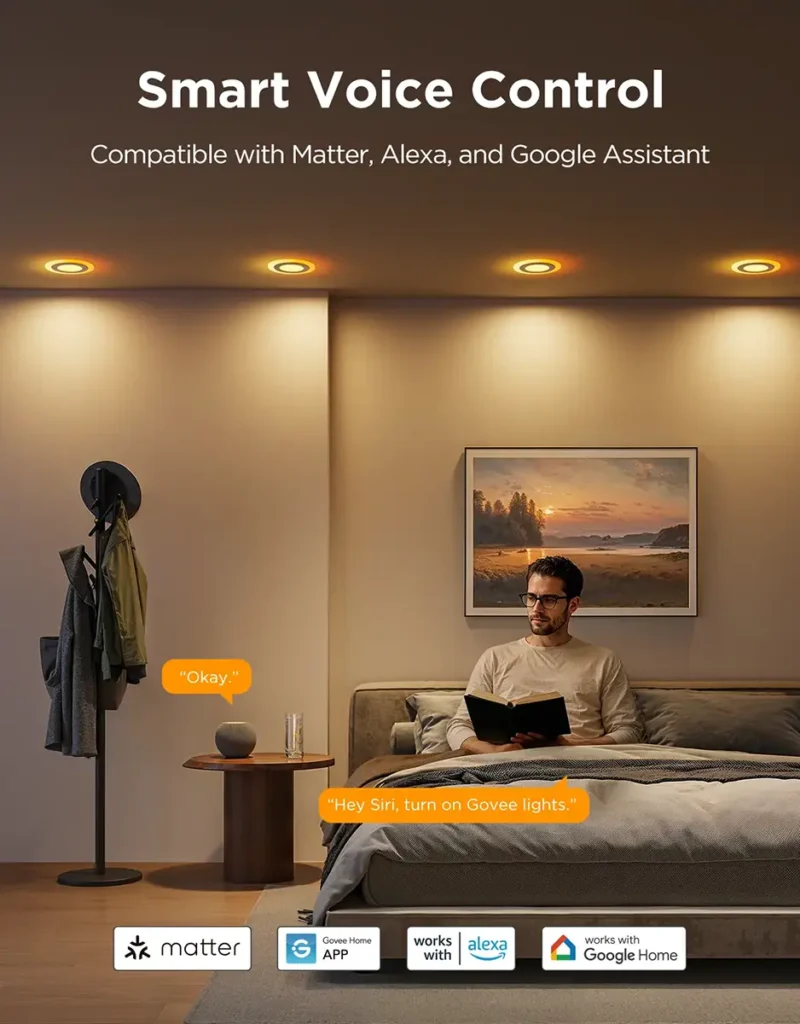 Control por voz de las luces Govee Pro en un dormitorio, mostrando su compatibilidad con Matter, Alexa, Siri y Google Assistant.