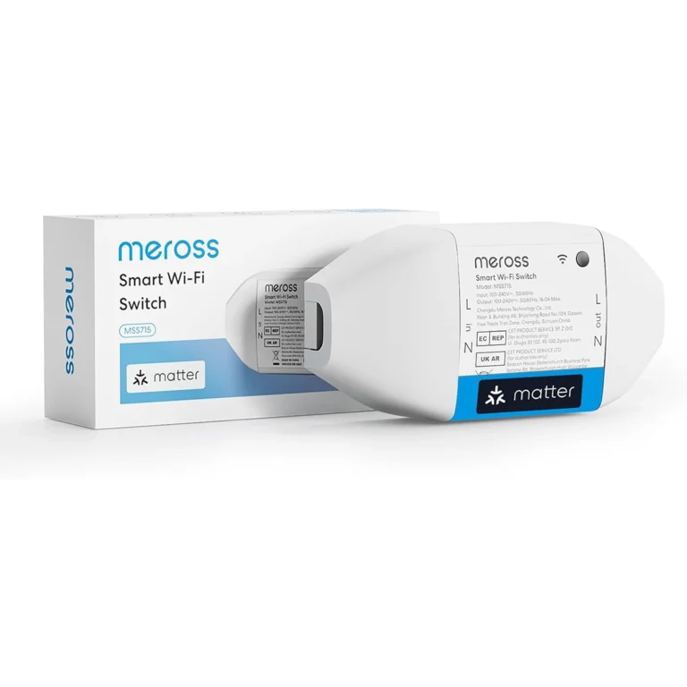 Interruptor Wi-Fi Meross MSS715MA compatible con Matter, junto a su caja de producto oficial sobre un fondo blanco.