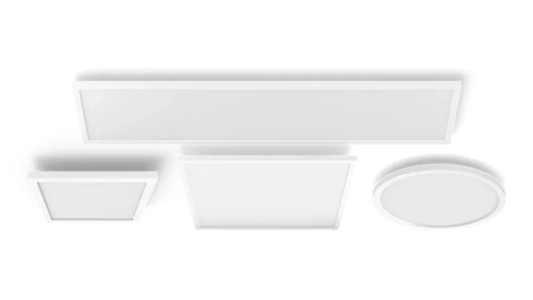 Gama completa de los nuevos plafones Philips Hue Aurelle 2025, mostrando los modelos rectangular, cuadrado grande, cuadrado pequeño y redondo.
