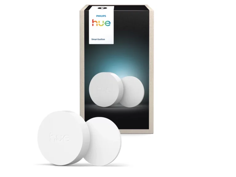 Caja y producto del nuevo Philips Hue Smart Button v3 sobre fondo blanco