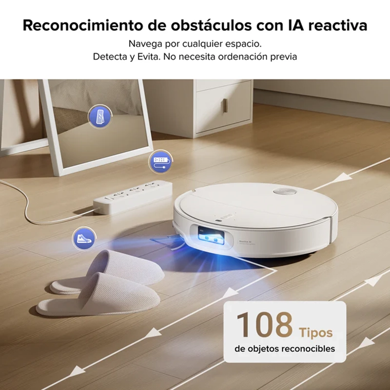 Demostración de la tecnología Reactive AI 3.0 del Roborock Qrevo CurvX para el reconocimiento de obstáculos. El robot aspirador detecta y evita inteligentemente objetos como zapatillas y regletas, gracias a su capacidad para identificar 108 tipos de objetos sin necesidad de ordenar previamente