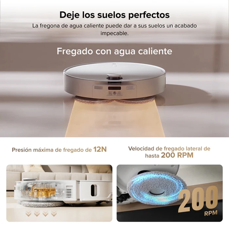 Sistema de fregado avanzado del Roborock Qrevo CurvX. La imagen ilustra cómo el robot utiliza agua caliente, aplica una presión de fregado de 12N para eliminar manchas difíciles y hace girar sus mopas a 200 RPM para un acabado perfecto.