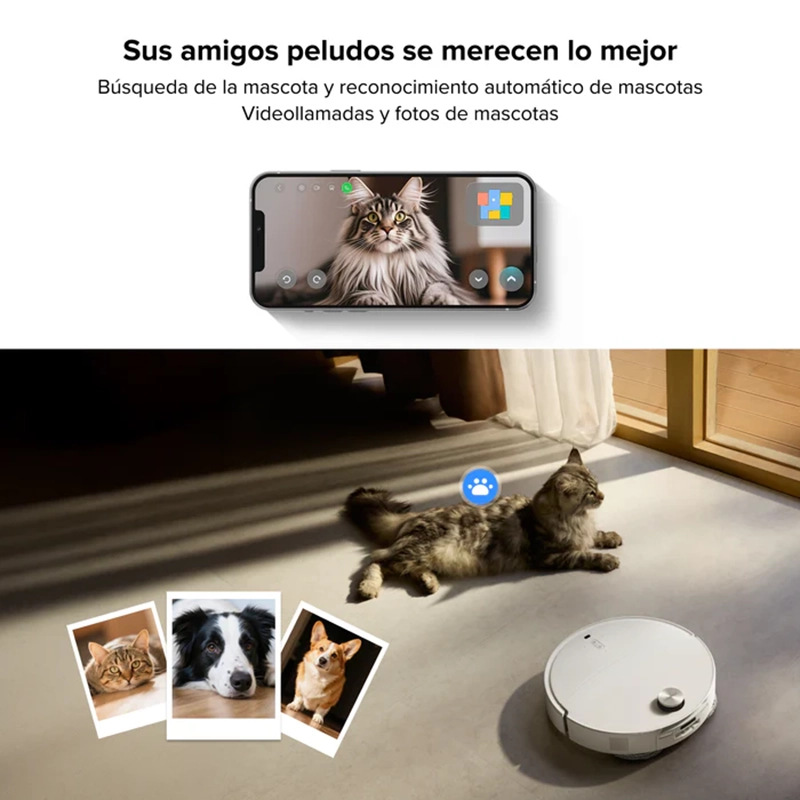 Imagen que ilustra las funciones para mascotas del Roborock Qrevo CurvX. Muestra el reconocimiento automático de un gato, la opción de videollamada en un smartphone y la capacidad de tomar fotos de mascotas, demostrando su utilidad en hogares con animales.