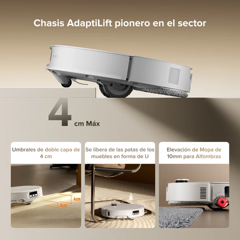 Imagen que ilustra el chasis AdaptiLift, la tecnología pionera del Roborock Qrevo CurvX. Se demuestra su versatilidad al superar umbrales de hasta 4 cm, maniobrar inteligentemente bajo muebles y elevar las mopas para proteger las alfombras durante la limpieza.