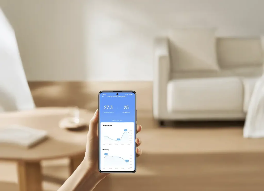 Una persona consultando los datos del sensor Xiaomi Smart Temperature and Humidity Monitor 3 Mini en la app Xiaomi Home. En la pantalla del móvil se aprecian los gráficos del historial de temperatura y humedad del hogar.