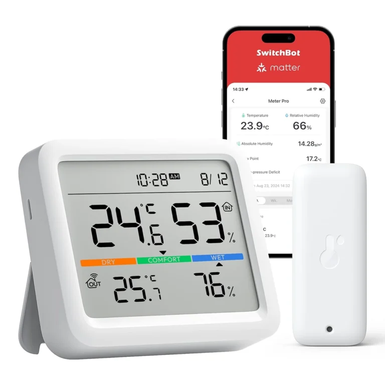 Imagen de portada del SwitchBot Meter Pro, mostrando la unidad principal con su pantalla, el sensor exterior y un smartphone con la app de SwitchBot abierta mostrando datos y el logo de Matter.
