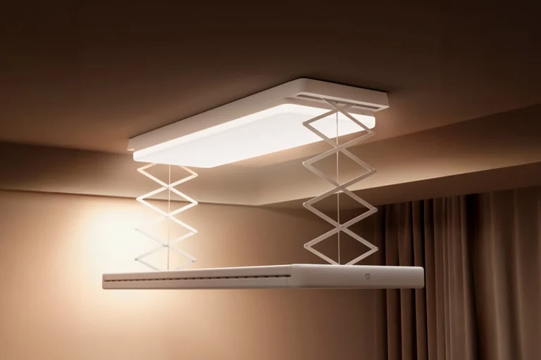 El tendedero inteligente y lámpara de techo Xiaomi Mijia Smart Clothes Dryer 2 Pro, bajado y con la luz encendida en una habitación.