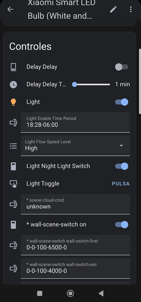 Captura de pantalla de las entidades de la bombilla Xiaomi Smart LED Bulb en Home Assistant, importadas a través de la integración de Xiaomi Home (HACS). Se muestran controles avanzados como 'Light Flow Speed Level' y los ajustes del interruptor de pared ('wall-scene-switch')