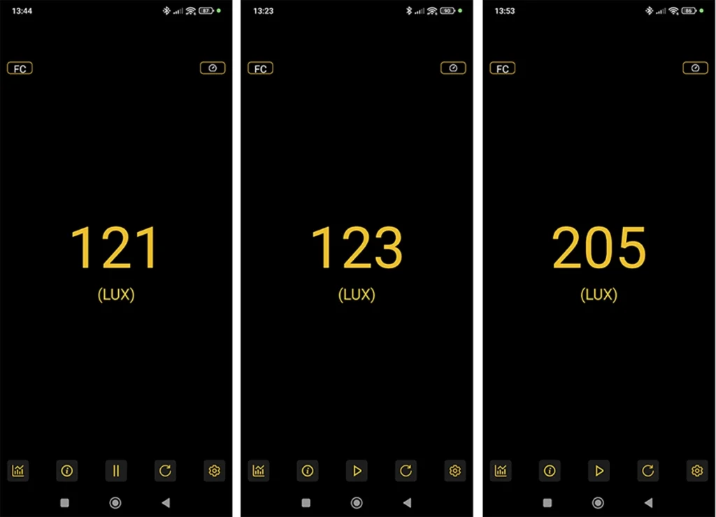 Montaje de tres capturas de pantalla de una aplicación de luxómetro, mostrando la comparativa de luminosidad de las bombillas inteligentes. Los valores medidos son 121, 123 y 205 lux.