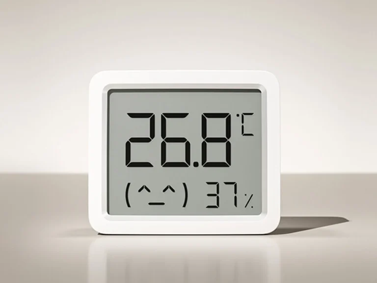 El nuevo sensor compacto Xiaomi Smart Temperature and Humidity Monitor 3 Mini sobre una superficie, mostrando la temperatura y humedad en su pantalla digital.