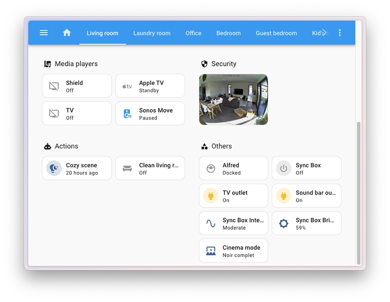 Captura de pantalla del mejorado panel de áreas experimental de Home Assistant 2025.6, mostrando la nueva sección 'Acciones' con escenas, junto a otras categorías como Reproductores Multimedia, Seguridad y Otros.