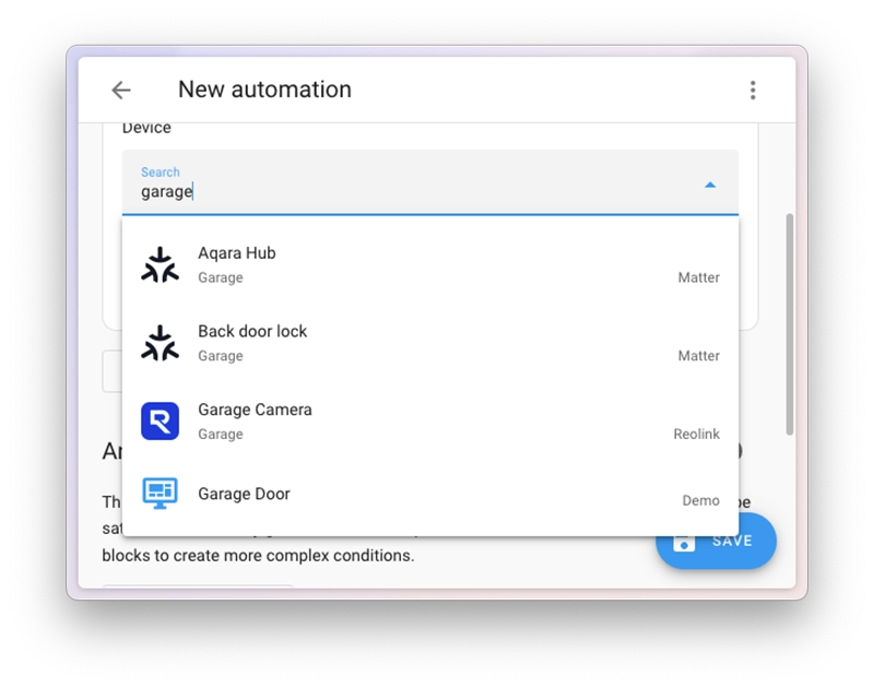El nuevo selector de dispositivos de Home Assistant 2025.6, mostrando una lista de dispositivos con el logotipo de su fabricante, su área y la integración que los proporciona.
