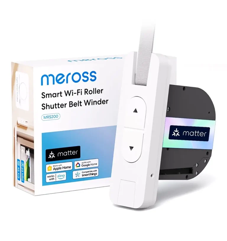 El motor de persiana Meross MRS200 junto a su caja, que muestra la compatibilidad con Matter, Alexa y Google Home.