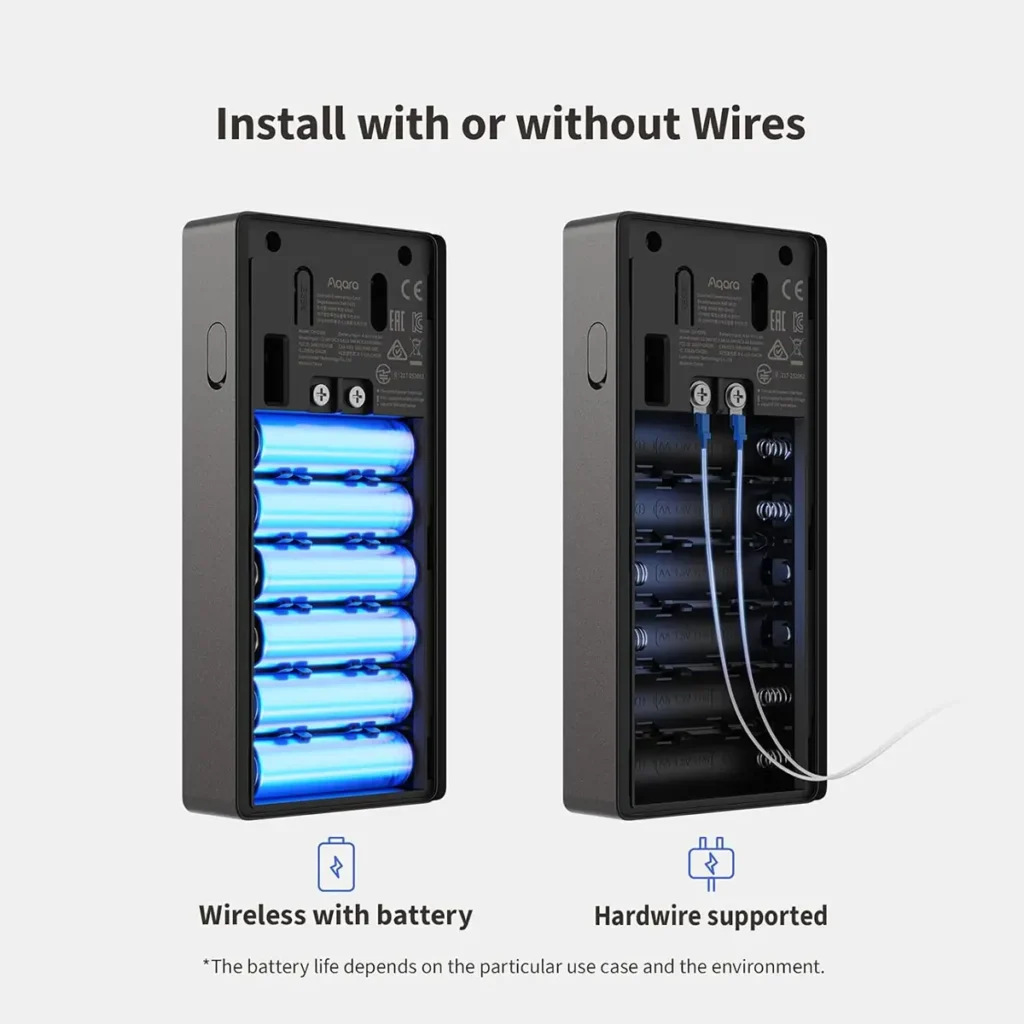 Imagen comparativa que muestra las dos opciones de alimentación del timbre Aqara G410, bajo el título "Install with or without Wires". A la izquierda, la opción inalámbrica, mostrando el compartimento con seis pilas AA iluminadas y el texto "Wireless with battery". A la derecha, la opción cableada, con cables conectados a los terminales de alimentación y el texto "Hardwire supported"