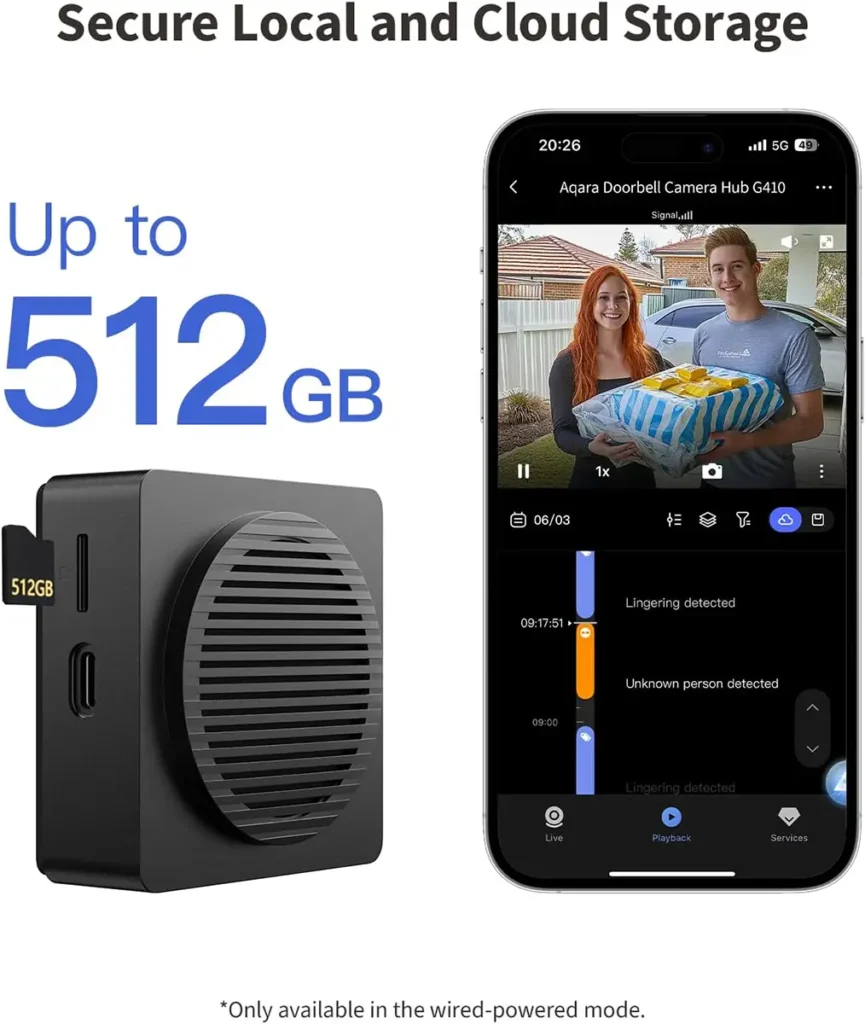 Imagen promocional del Aqara G410 que ilustra el almacenamiento seguro, local y en la nube. A la izquierda, se muestra el receptor interior del timbre aceptando una tarjeta microSD, con el texto "Up to 512 GB". A la derecha, un smartphone enseña la aplicación Aqara Home con la reproducción de un evento grabado y una línea de tiempo con alertas inteligentes como "Unknown person detected"