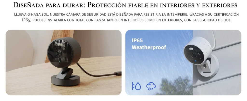 Montaje de imágenes mostrando la cámara Aqara G100 en un escritorio para uso interior y montada en una pared exterior bajo la lluvia para demostrar su resistencia IP65.