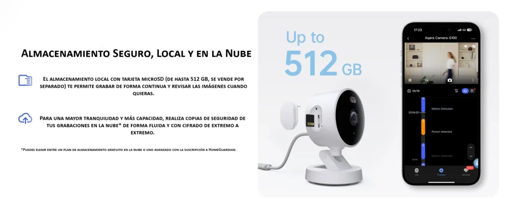 Gráfico de las opciones de almacenamiento de la cámara Aqara G100, mostrando la ranura para tarjeta microSD de hasta 512 GB y la interfaz de la aplicación móvil con la línea de tiempo de grabaciones y eventos detectados.