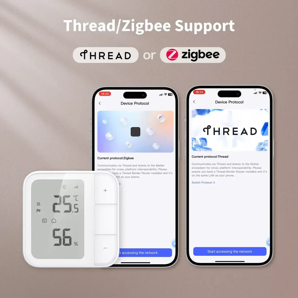 Doble compatibilidad del termostato Aqara W500 con Thread y Zigbee, mostrando las pantallas de la app para seleccionar el protocolo de conexión.
