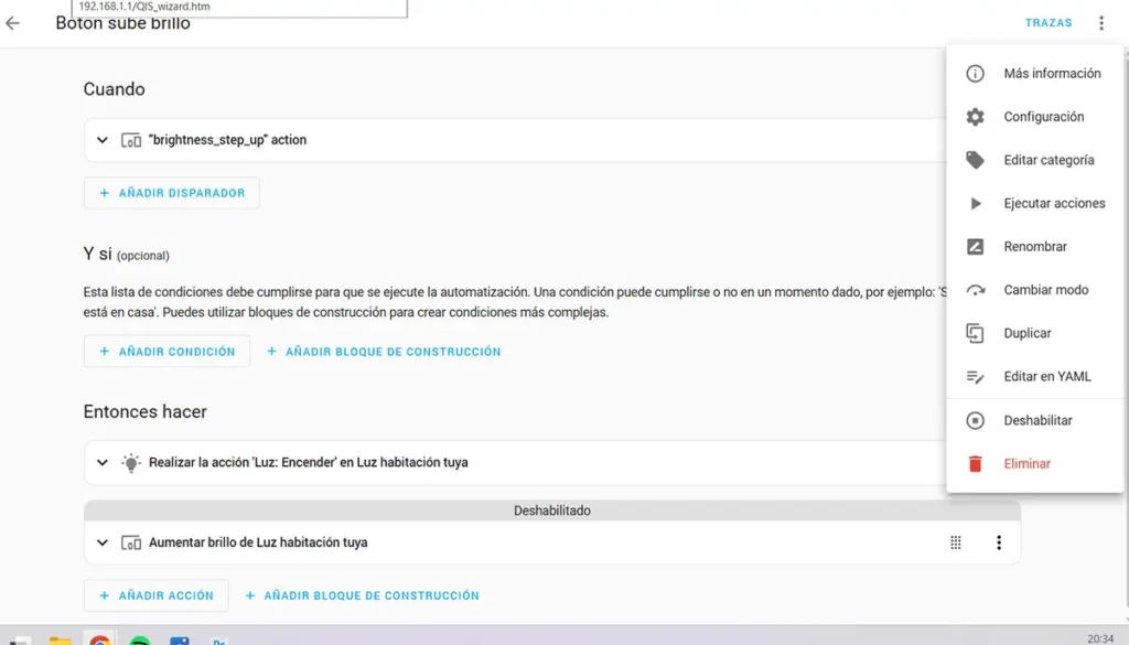 Menú de opciones avanzadas de una automatización en Home Assistant donde se selecciona 'Cambiar modo' para optimizar la respuesta de la perilla Tuya.