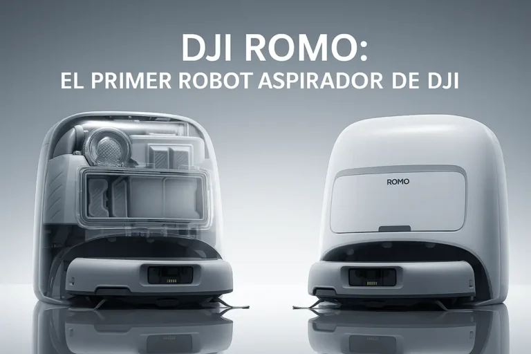 DJI ROMO, el primer robot aspirador inteligente de DJI, en su imagen oficial de lanzamiento. Se muestran dos modelos, uno transparente que revela su tecnología interior y otro en color blanco, destacando su diseño y sensores frontales.
