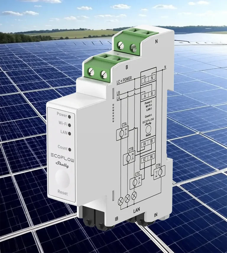 Primer plano del dispositivo EcoFlow x Shelly Smart Meter, mostrando sus indicadores LED y el diagrama de instalación, superpuesto sobre una imagen de paneles solares para autoconsumo.