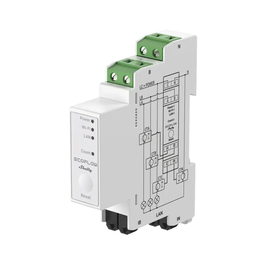 Vista de producto del EcoFlow x Shelly Smart Meter para carril DIN, mostrando en detalle su esquema de conexiones eléctricas en el lateral y los terminales de conexión verdes en la parte superior.