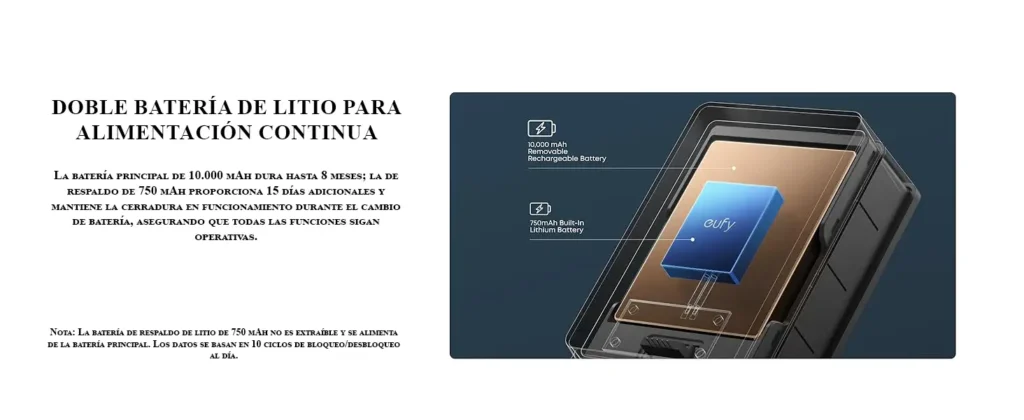 Infografía del sistema de doble batería de la cerradura Eufy FamiLock E34, mostrando una batería principal extraíble de 10.000 mAh y una batería de respaldo integrada de 750 mAh
