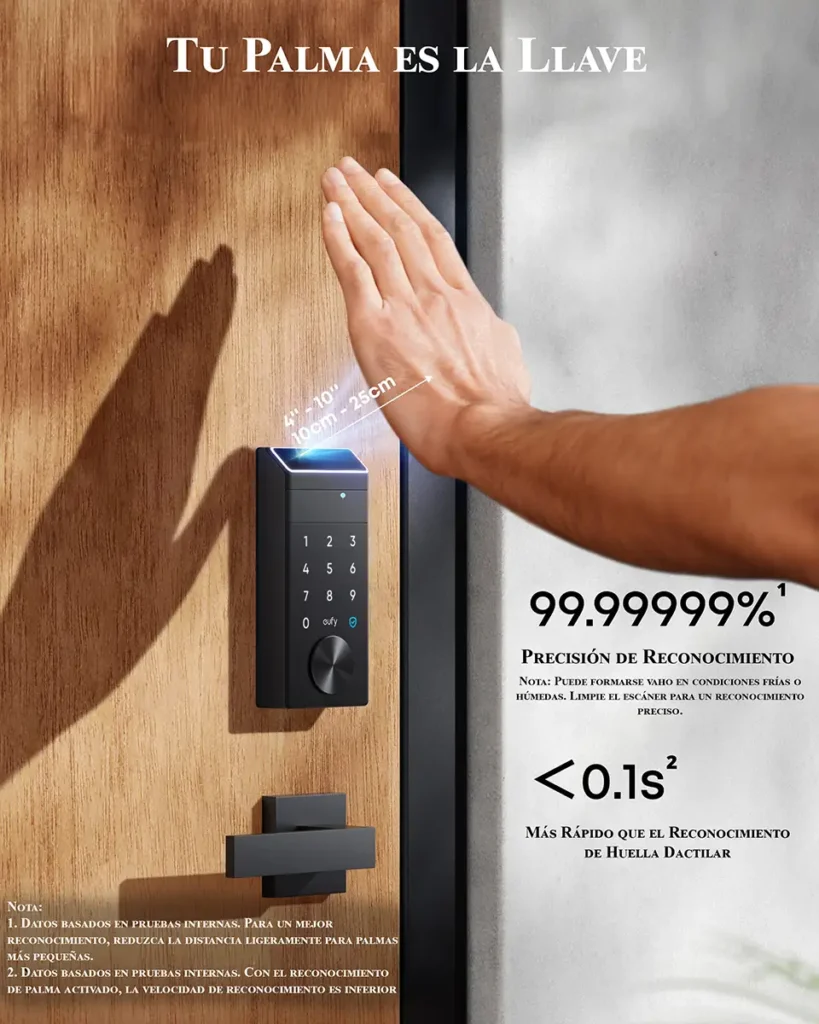 Infografía de la cerradura Eufy FamiLock E34 mostrando el desbloqueo por palma, con datos de su precisión del 99.99999% y una velocidad de reconocimiento inferior a 0.1 segundos.