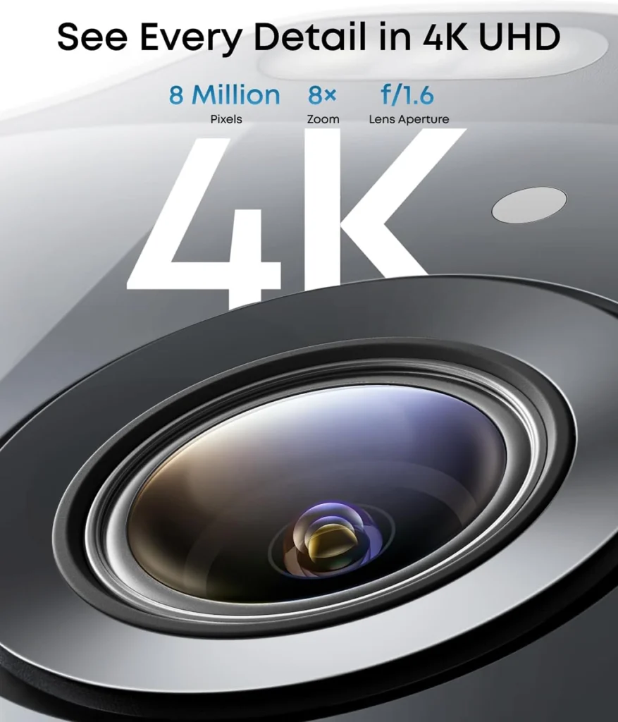 Primer plano del objetivo de la cámara Eufy SoloCam E42. La imagen destaca sus características 4K UHD, con 8 millones de píxeles, zoom 8x y una apertura de f/1.6.