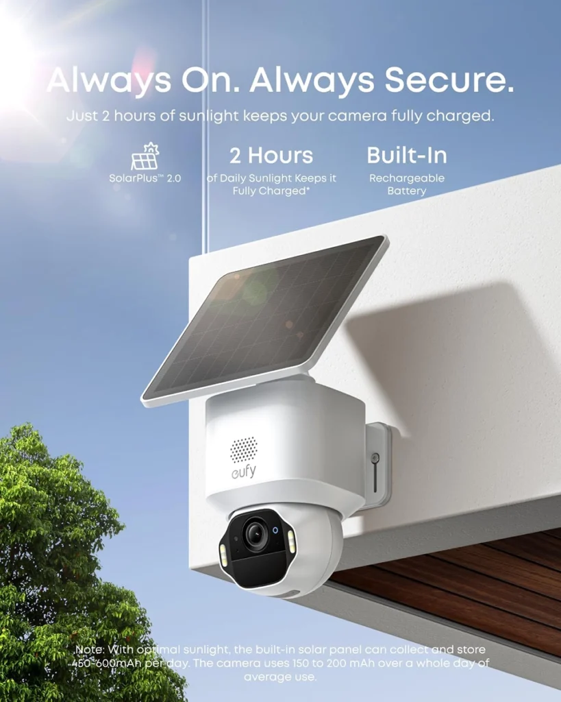 La cámara de seguridad Eufy SoloCam E42 instalada en una pared exterior con su panel solar. La imagen destaca que solo necesita 2 horas de sol para funcionar de forma continua.