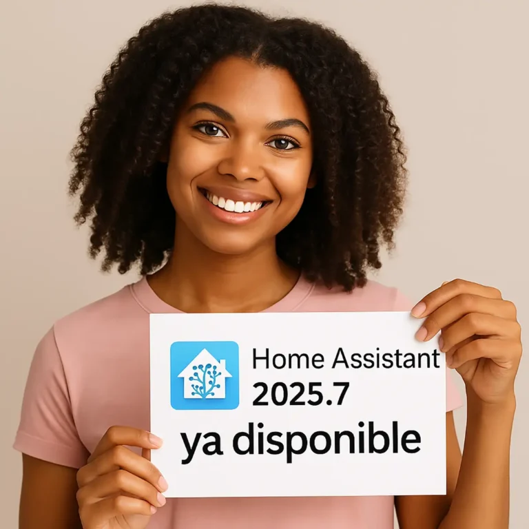 Una joven mujer de color sonriente sostiene un cartel blanco con el logo de Home Assistant y el texto 'Home Assistant 2025.7 ya disponible