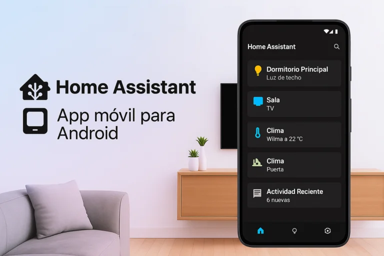 Imagen de portada que muestra un smartphone con la aplicación de Home Assistant en un salón. La pantalla del móvil exhibe un panel de control domótico para luces, TV y clima. A la izquierda, el logo de Home Assistant y el texto 'App móvil para Android