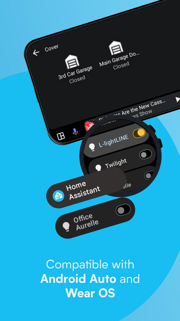 "Composición visual de la app Home Assistant en varios dispositivos. Se muestra la interfaz en un teléfono controlando un garaje, en un reloj Wear OS controlando luces y como widgets en la pantalla principal. El texto confirma la compatibilidad con Android Auto y Wear OS."