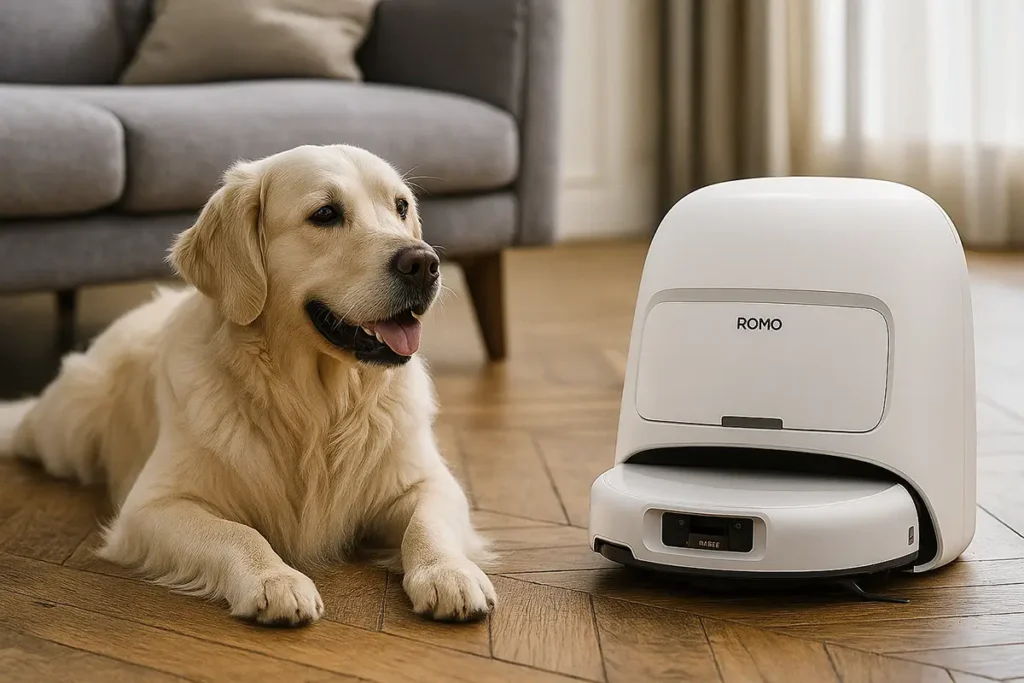 El robot aspirador DJI ROMO en un salón junto a un perro Golden Retriever tumbado en un suelo de madera. Ilustración que muestra cómo el robot de DJI se desenvuelve en un hogar con mascotas.
