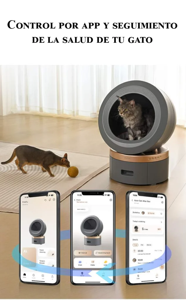 Funciones de la app del arenero MOVA LR10 Prime. La imagen muestra el titular "Control por app y seguimiento de la salud de tu gato", el arenero con un gato en uso y varias pantallas de la aplicación móvil que permiten controlar la limpieza y registrar la actividad de la mascota.