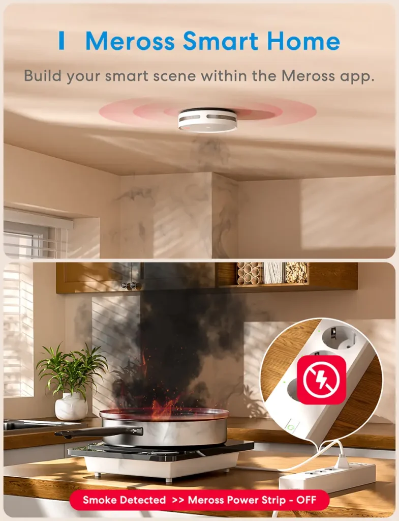 Demostración de una automatización de seguridad de Meross: el detector de humo inteligente MA151 detecta un incendio en la cocina y apaga automáticamente una regleta inteligente Meross, cortando la corriente para prevenir un riesgo mayor.