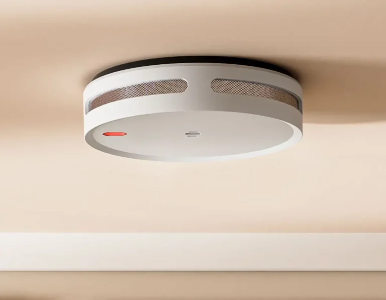 Primer plano del detector de humo Meross MA151. Se ve su cuerpo blanco, la base negra, las rejillas de la alarma y el indicador LED rojo, todo montado en un techo de color crema.