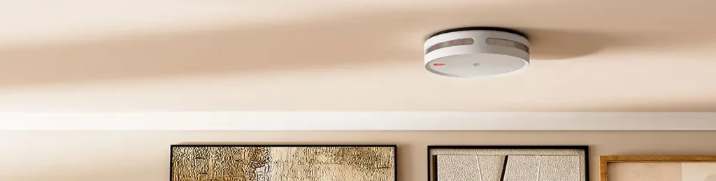 El nuevo detector de humo inteligente Meross MA151 instalado en el techo de un salón moderno, mostrando cómo se integra discretamente en la decoración del hogar.