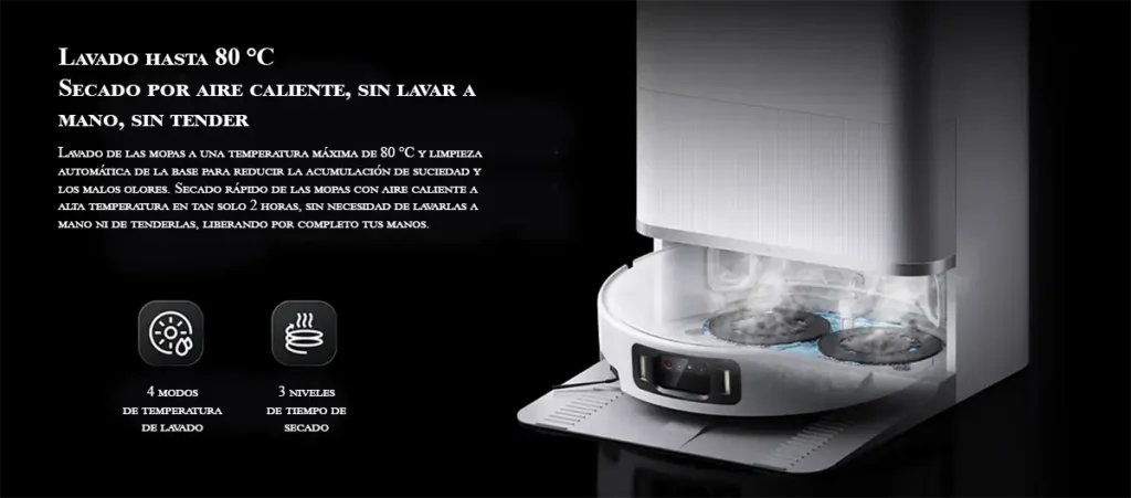 Base de autolimpieza del robot aspirador Xiaomi Mijia 5 Pro, mostrando el lavado de mopas con vapor a 80°C. La infografía detalla las funciones de secado por aire caliente en 2 horas y los modos de temperatura y tiempo ajustables.