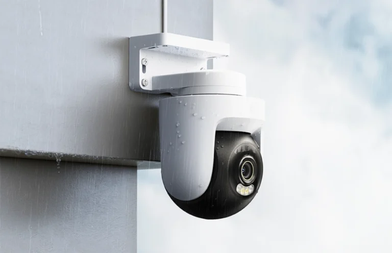 Imagen de portada del artículo sobre la nueva Xiaomi Outdoor Camera 4. Se muestra la cámara instalada en una pared exterior bajo la lluvia, destacando su diseño y su resistencia a la intemperie.