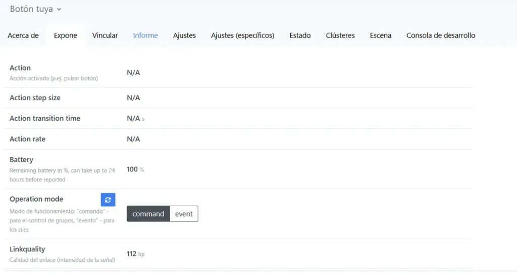 Captura de pantalla de la pestaña 'Expose' de la perilla Tuya ZG-101Z/D en Zigbee2MQTT. Se muestran las entidades clave que envía a Home Assistant, como 'Action' para los gestos, el nivel de 'Battery', 'Linkquality' y el selector para cambiar el 'Operation mode' entre 'command' y 'event'.
