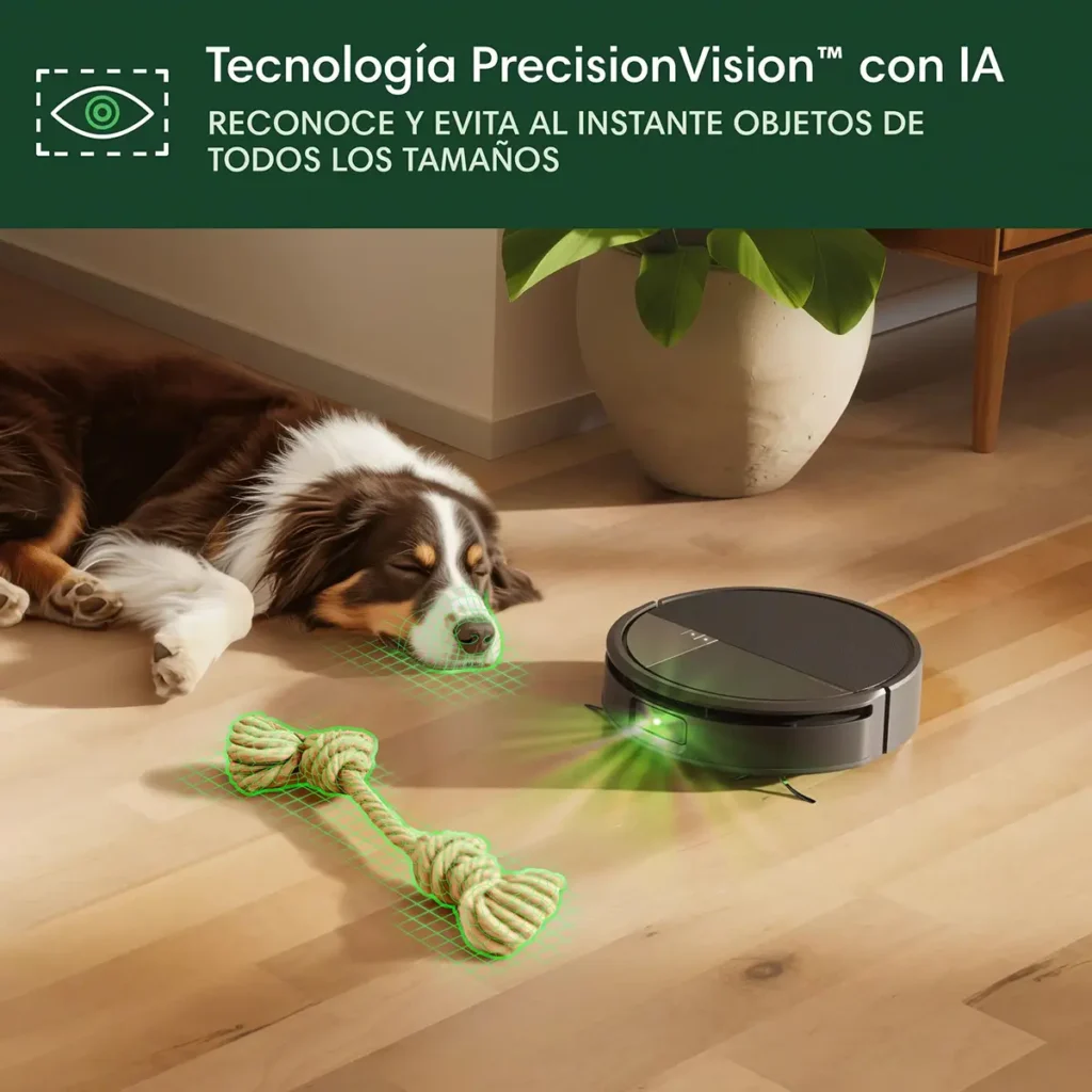Un robot Roomba navega por un suelo de madera, demostrando su tecnología PrecisionVision con IA. El robot proyecta una luz verde desde su sensor, y una rejilla digital verde resalta un juguete de cuerda y la cabeza de un perro que duerme, ilustrando cómo los reconoce y evita. El texto superior dice: "Tecnología PrecisionVision™ con IA. RECONOCE Y EVITA AL INSTANTE OBJETOS DE TODOS LOS TAMAÑOS"
