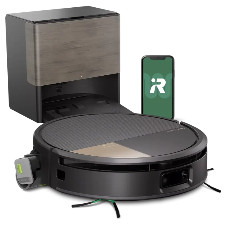 Imagen de portada del robot aspirador Roomba Max 705 Combo. Se muestra el robot negro en primer plano, junto a su base de autolimpieza AutoWash™ con un panel frontal de acabado en madera, y un smartphone con la app de iRobot en pantalla.