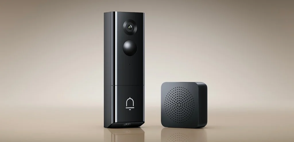 El nuevo timbre inteligente Xiaomi Smart Doorbell 4 Pro con su receptor de sonido. Dispositivo de seguridad para el hogar con doble cámara y diseño moderno en color negro