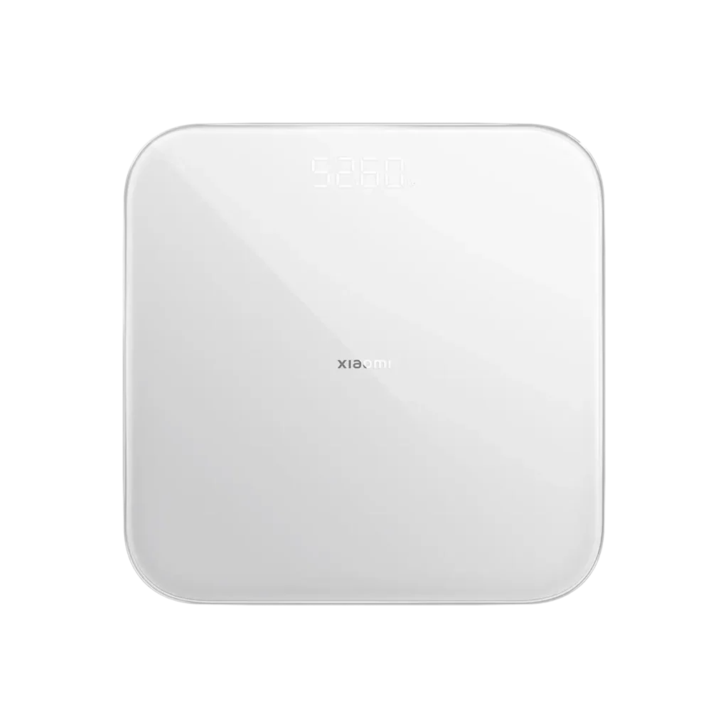 Vista superior de la báscula inteligente Xiaomi Smart Scale S200 en color blanco, mostrando su pantalla LED oculta, la superficie de vidrio templado y el logo de la marca.