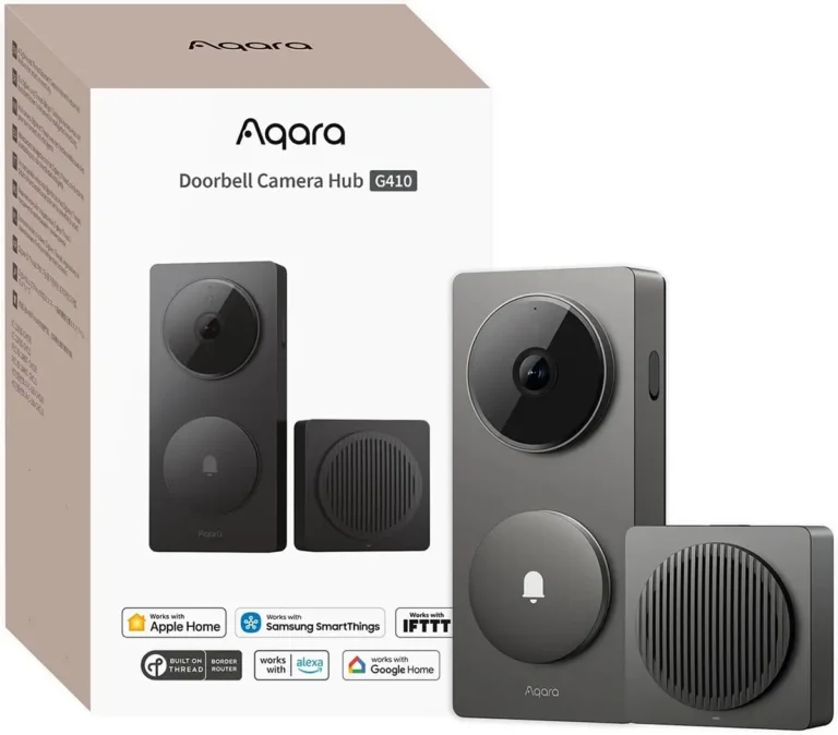 Caja de empaque del Aqara Doorbell Camera Hub G410 con el producto en primer plano. La imagen muestra la unidad del timbre y el receptor interior, destacando los logos de compatibilidad con Apple Home, Alexa, Google Home, SmartThings y su soporte para Thread.